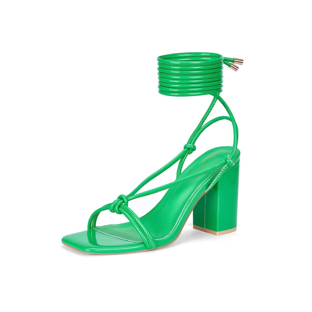 Green chunky heel wrap strap sandal